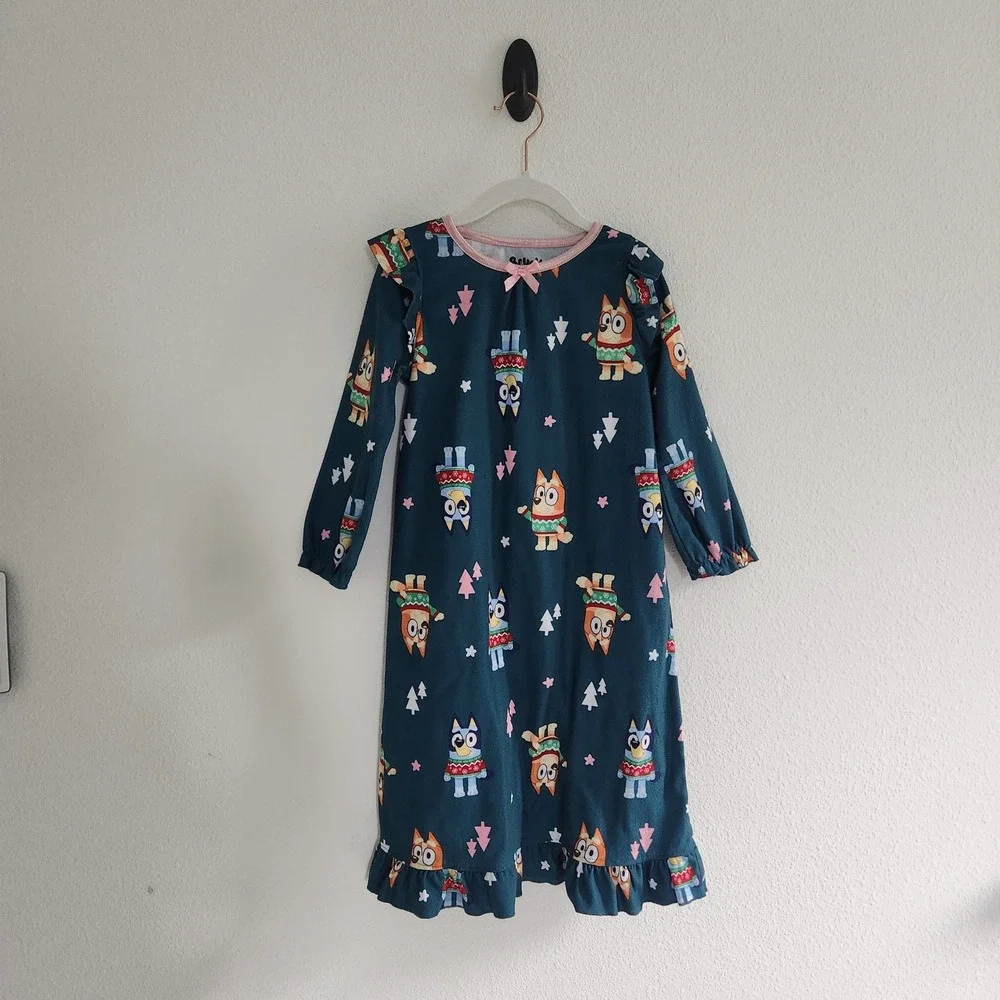 Bluey Girls 5T Christmas Fleece Nightgown Bluey & Bingo Ruffle Sleep Dress